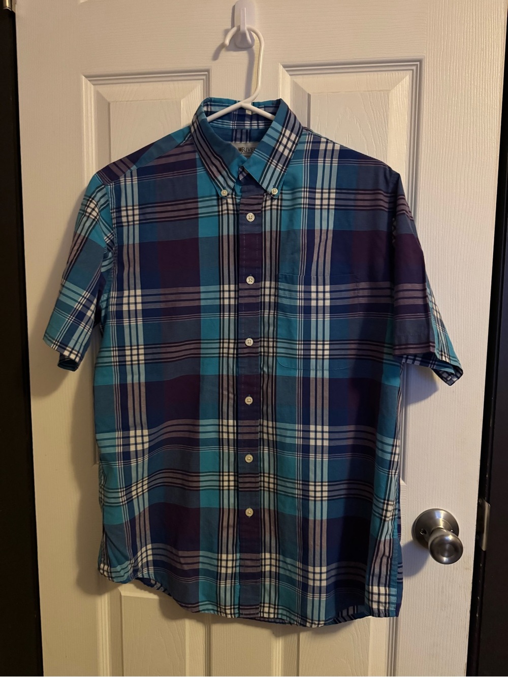 Men's Short-Sleeve Plaid Button-Down Shirt - Blue/Turquoise